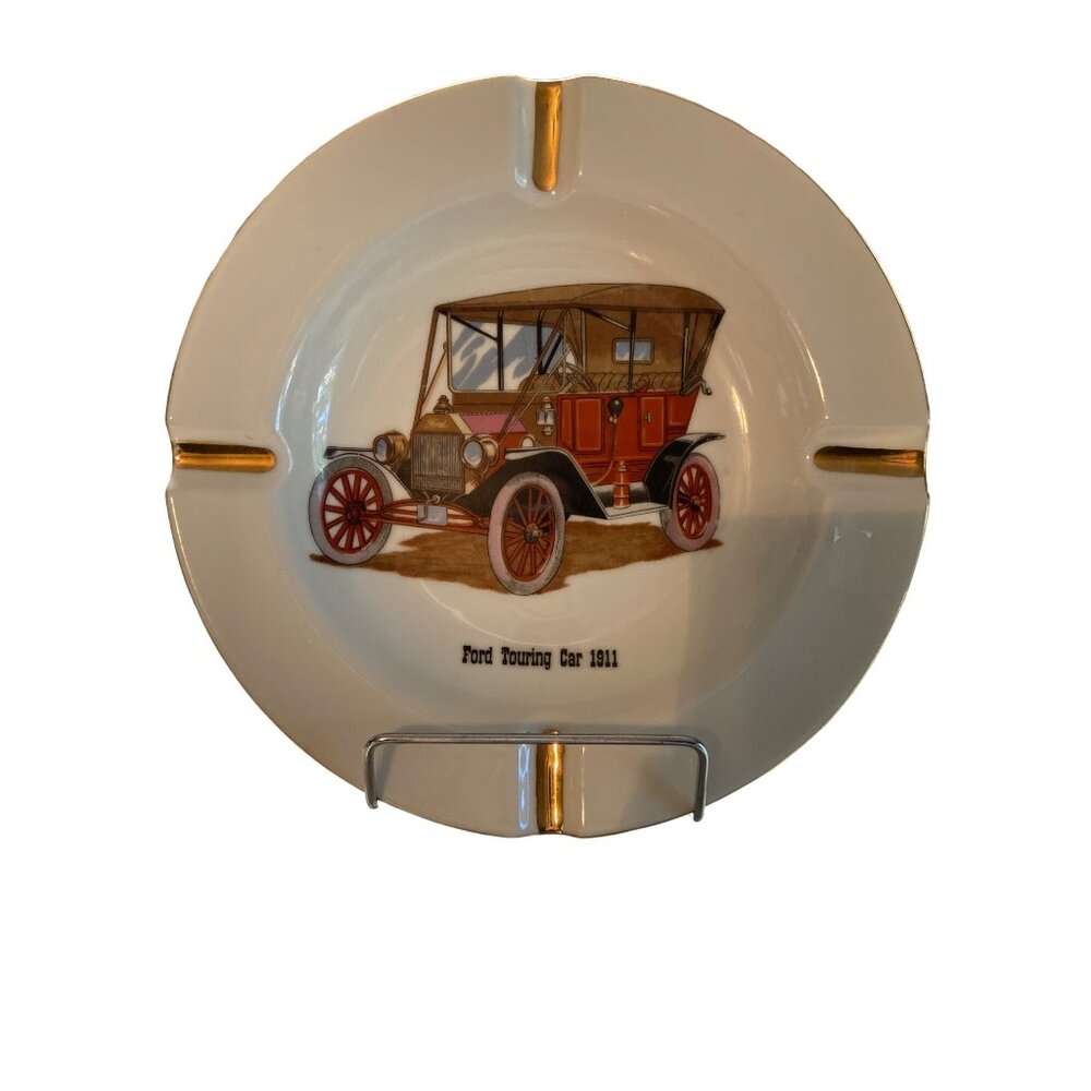 Vintage 1911 Ford Touring Car Ashtray Gold Trim Oval Porcelain Auto Decor Plate
